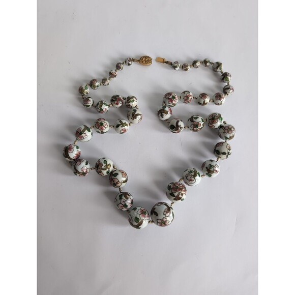 VTG Chinese White Pink Cloisonne Paint Style Knotted Glass Bead 27" Necklace - Picture 13 of 14